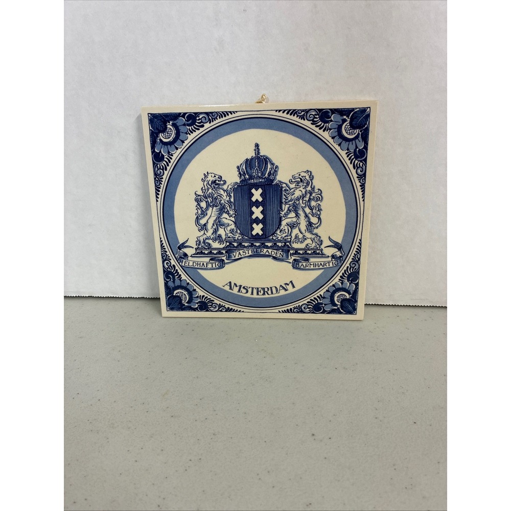Delft Holland Handmade Amsterdam Coat of Arms Blue White Ceramic Tile Decor